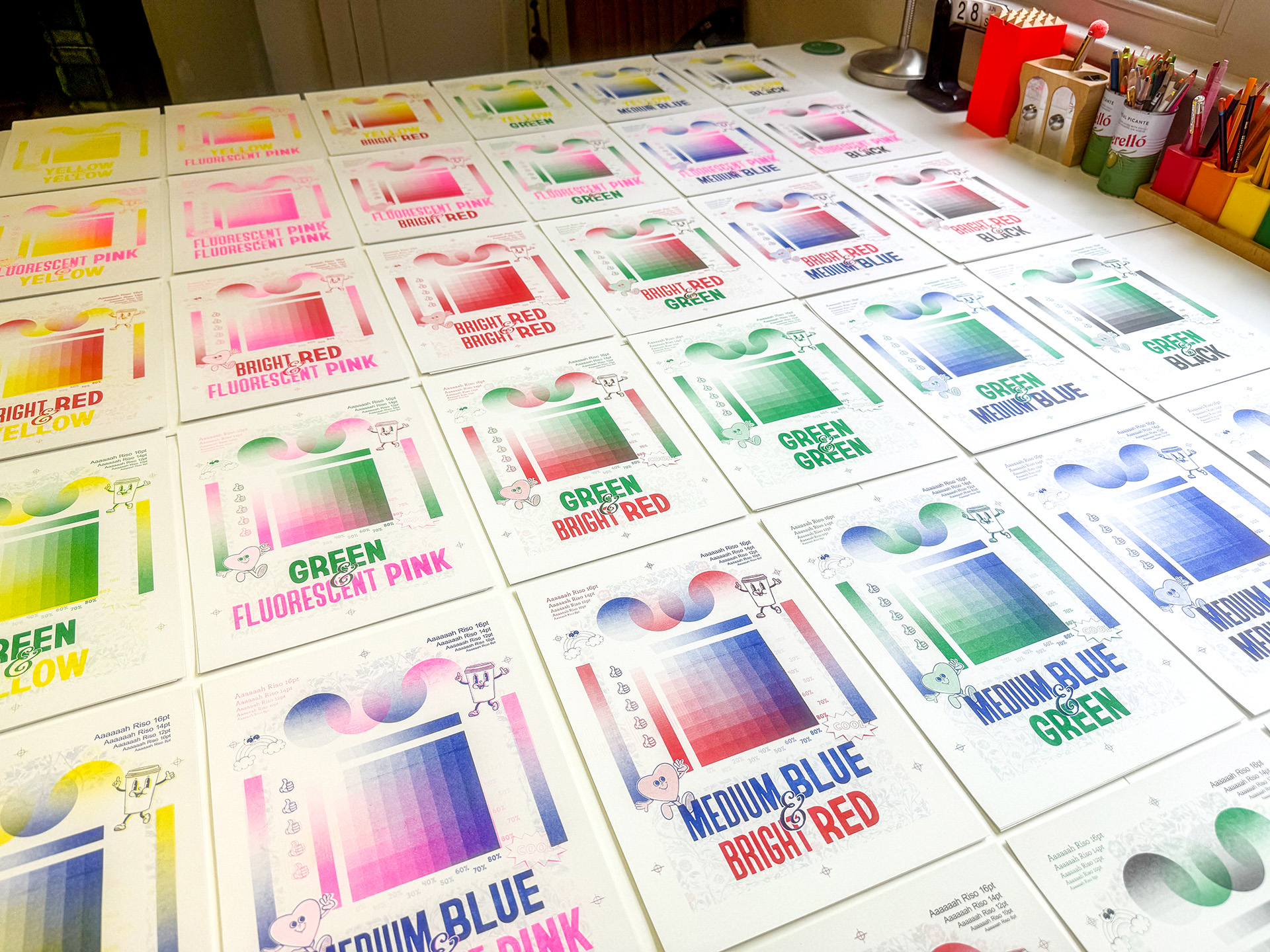 Riso color charts showing the six available ink colors